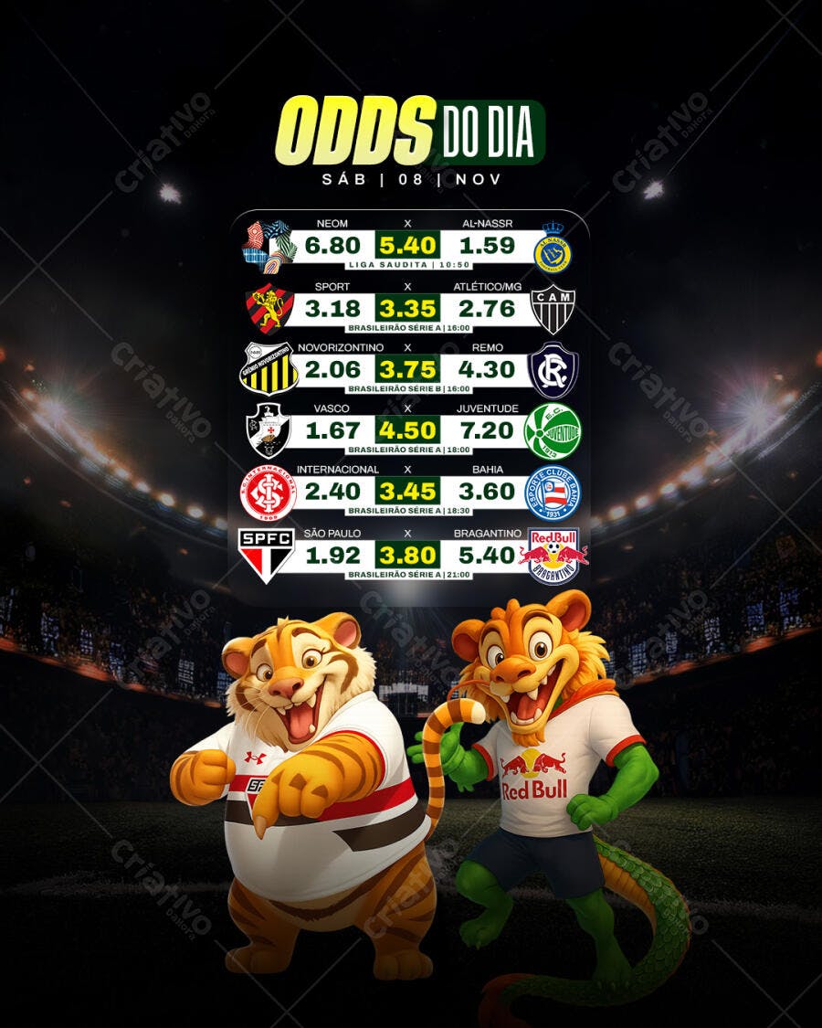 Flyer para Odds do Dia Futebol Brasileirão Mascotes PSD Editável