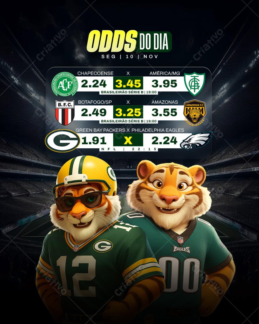 Flyer de Apostas Esportivas Odds do Dia com Mascotes Tigres PSD Editável