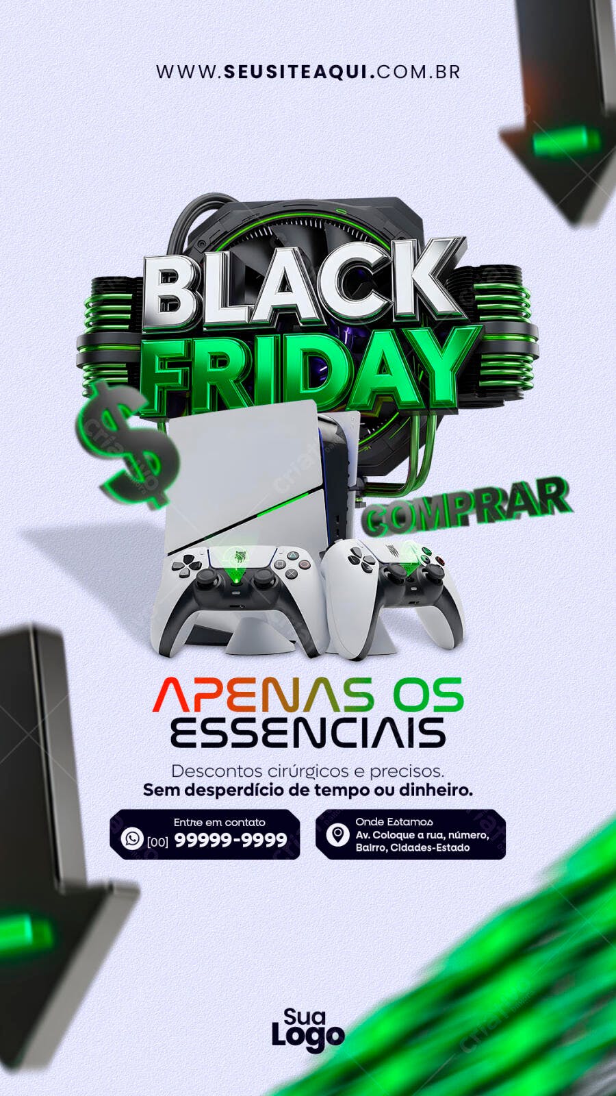 Flyer Digital para Black Friday Console e Controles Gamer Verde PSD Editável