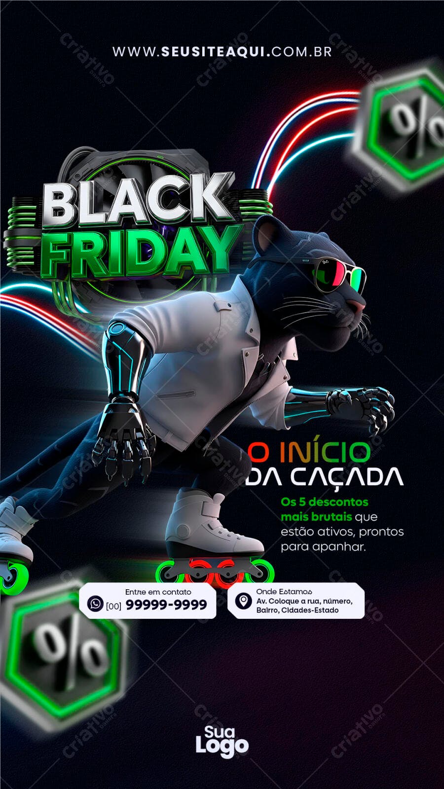 Flyer Black Friday Pantera Robótica Caçada Descontos PSD Editável