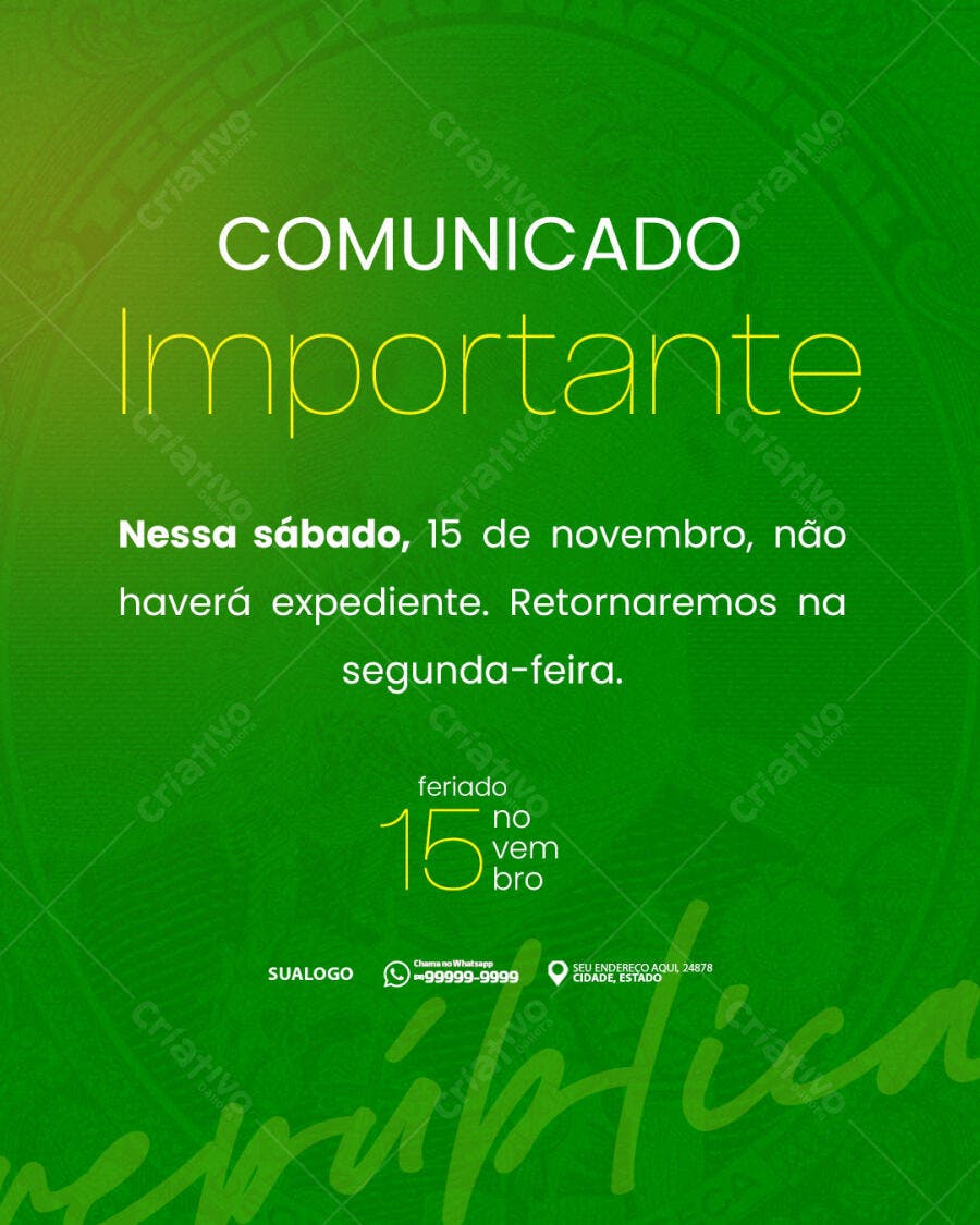 Flyer Comunicado de Feriado 15 de Novembro PSD Editável