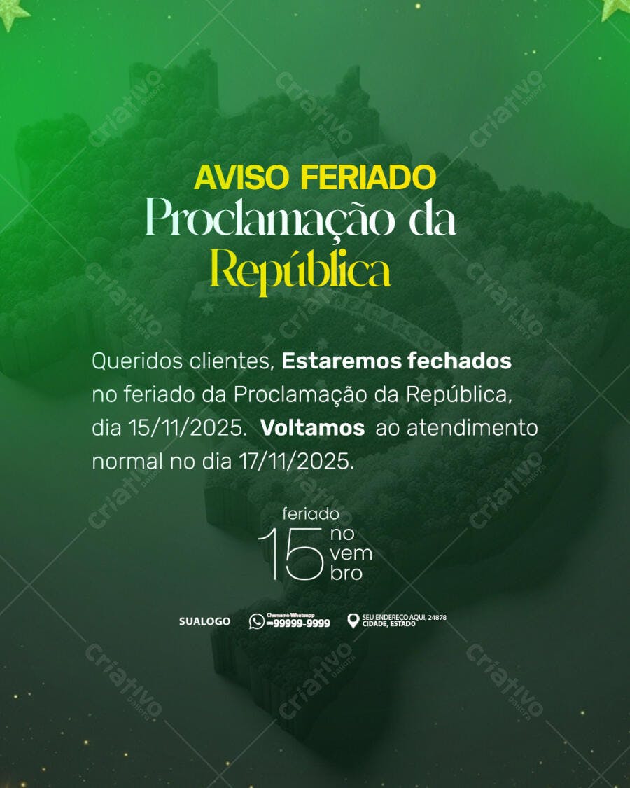 Flyer Aviso Feriado Proclamação da República 15 de Novembro PSD Editável