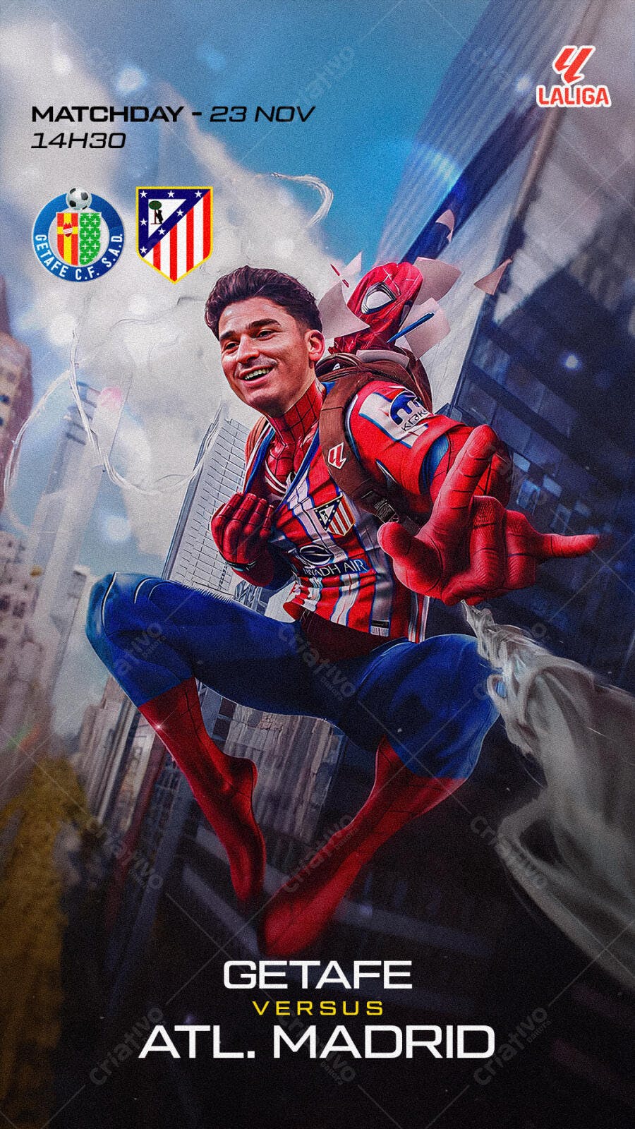 Flyer Futebol Jogo Getafe vs Atl. Madrid Homem-Aranha LaLiga PSD Editável