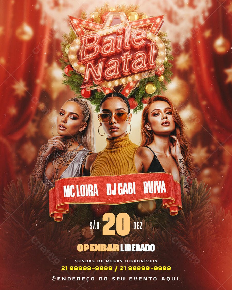Flyer de Festa Baile Natal com MC Loira DJ Gabi Ruiva Psd Editável
