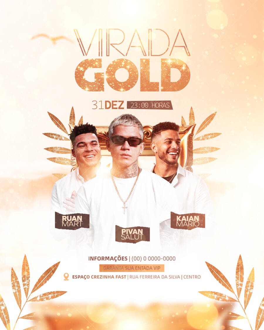 Flyer Festa Virada Gold Réveillon com DJs 31 Dezembro PSD Editável