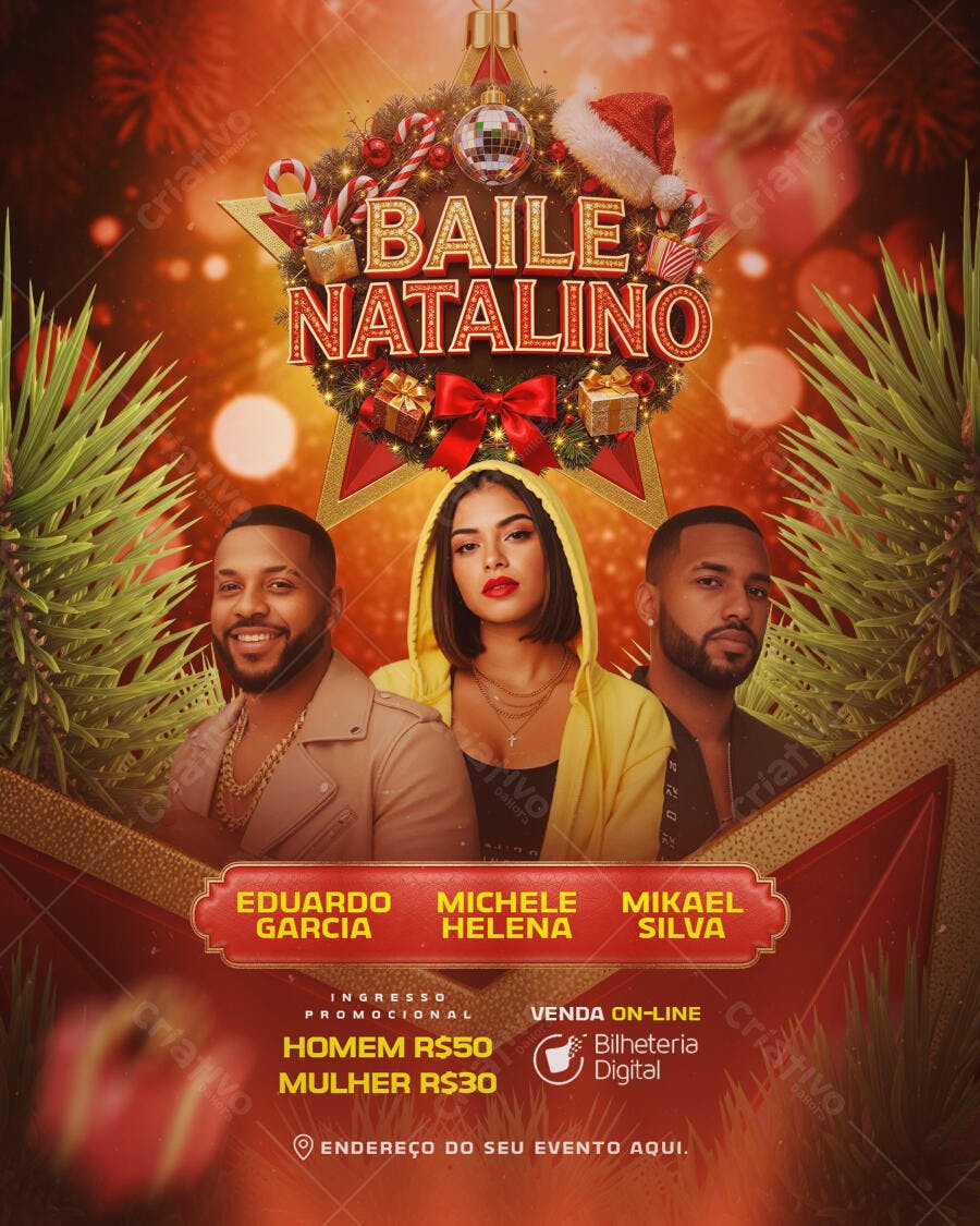 Flyer Baile Natalino com Eduardo Michele Mikael PSD Editável