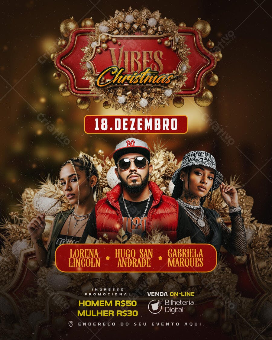 Flyer Evento Vibes Christmas com DJs e Decoração Dourada PSD Editável