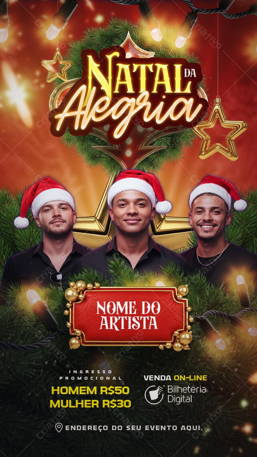 Flyer de Festa Natal da Alegria com Homens Gorro Papai Noel PSD Editável
