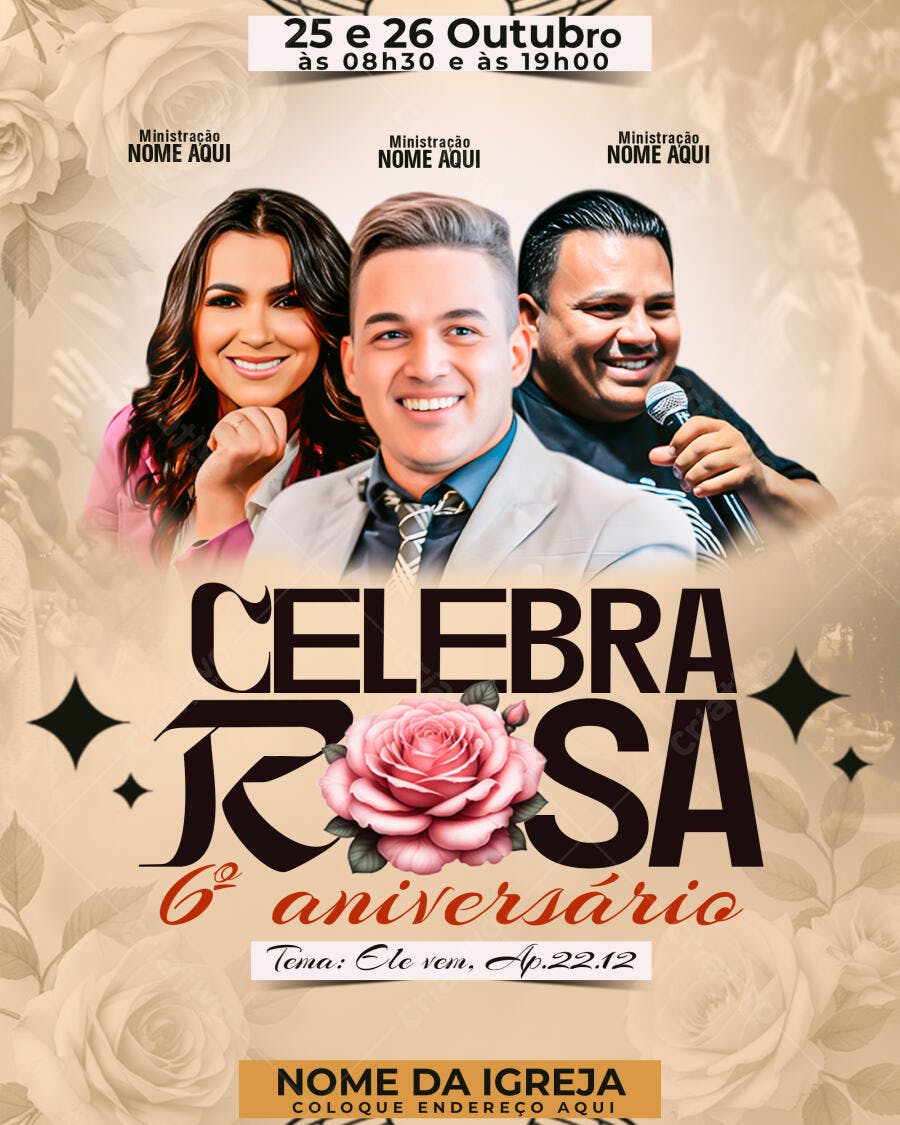 Flyer de Evento Igreja Celebra Rosa 6º Aniversário PSD Editável