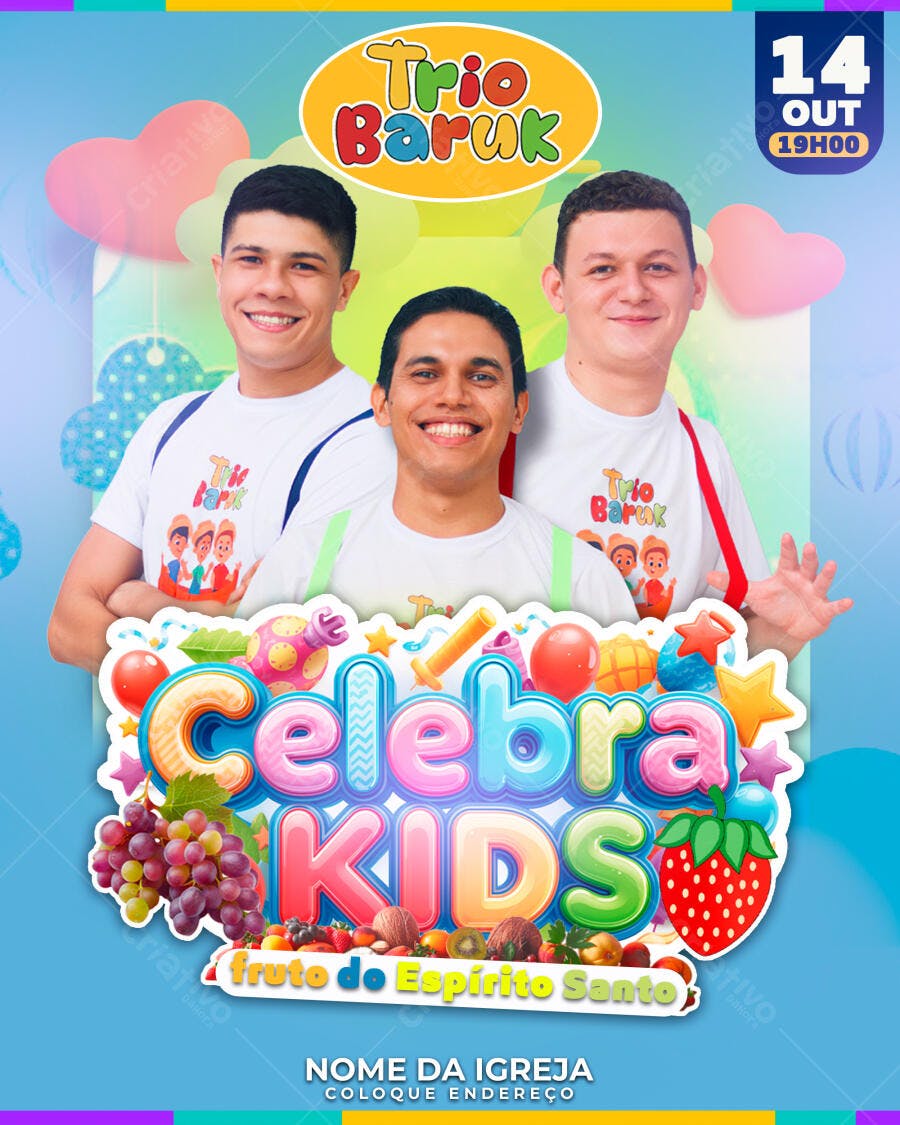 Flyer Celebra Kids Trio Baruk Fruto do Espírito Santo PSD Editável