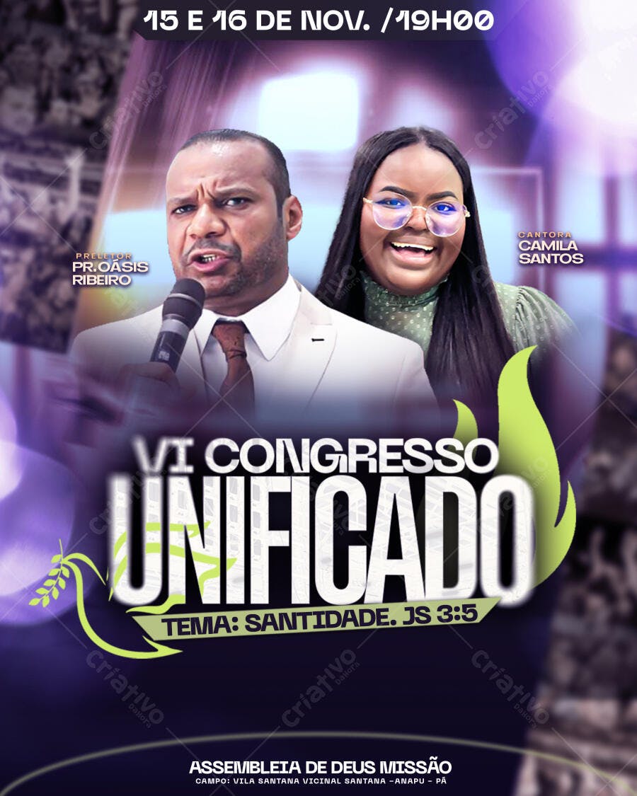 Flyer Congresso Unificado Santidade Igreja com Pr. Oasis e Cantora Camila PSD Editável