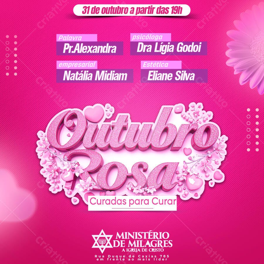Flyer Outubro Rosa Seminário Feminino Curadas para Curar PSD Editável