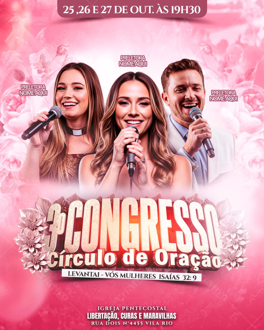 Flyer Congresso Círculo de Oração Mulheres Isaías 32:9 PSD Editável