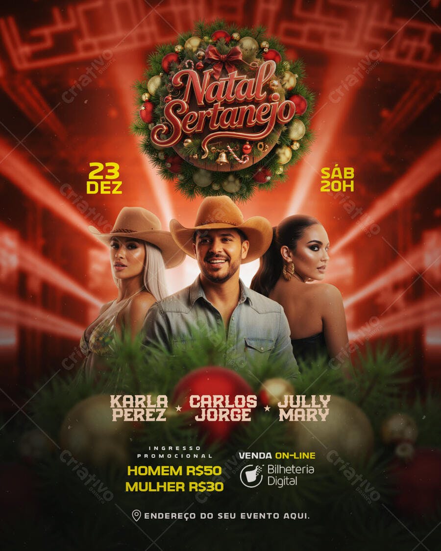 Flyer para Natal Sertanejo Show com Cowboys e Guirlanda PSD Editável