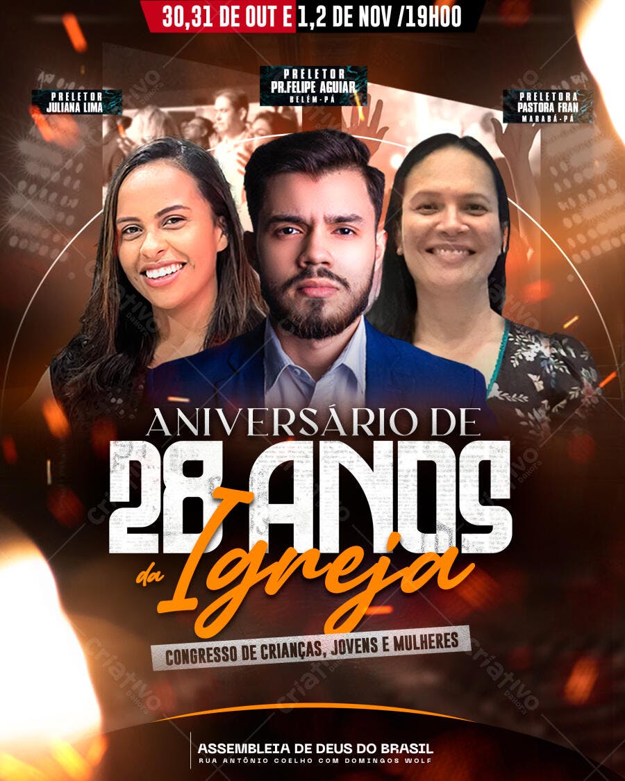 Flyer Aniversário 28 Anos Igreja e Congresso Crianças Jovens Mulheres Psd Editável