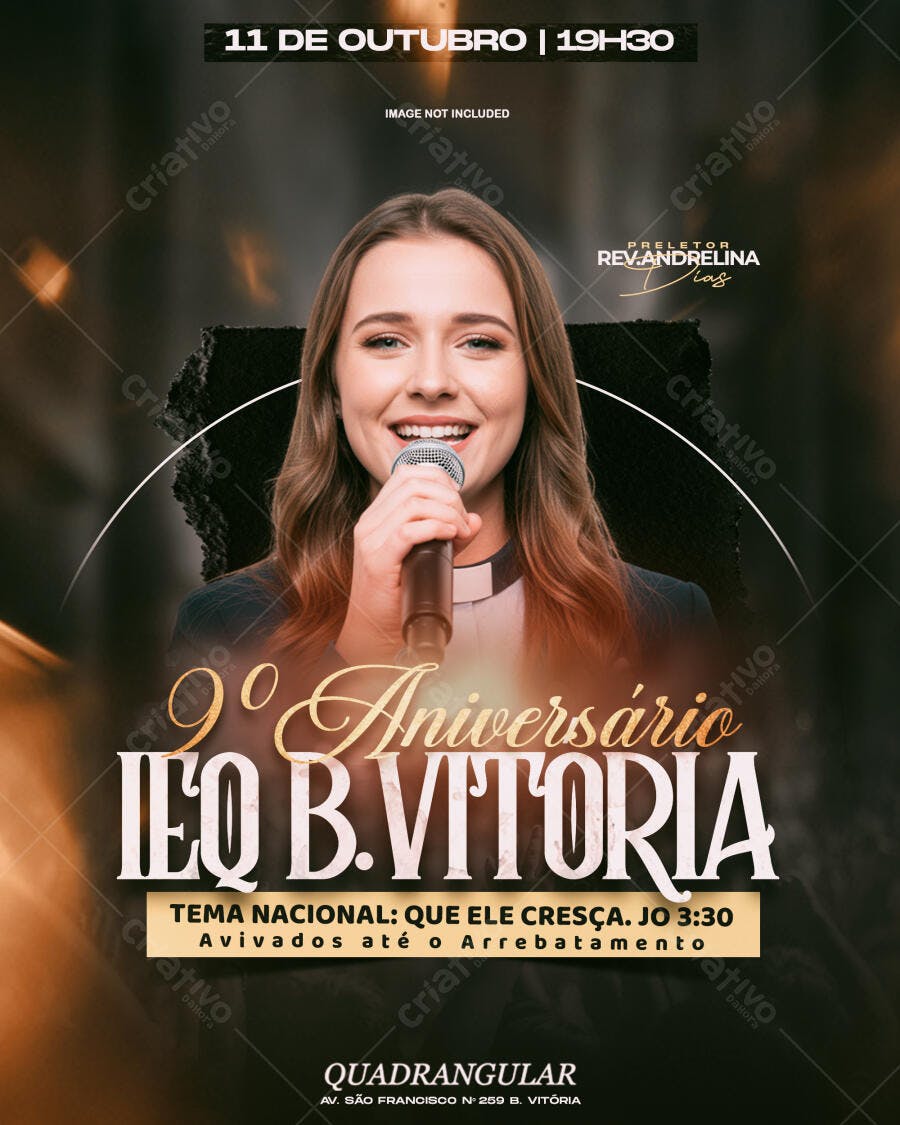 Flyer 9º Aniversário IEQ B. Vitória Culto com Rev. Andrelina PSD Editável