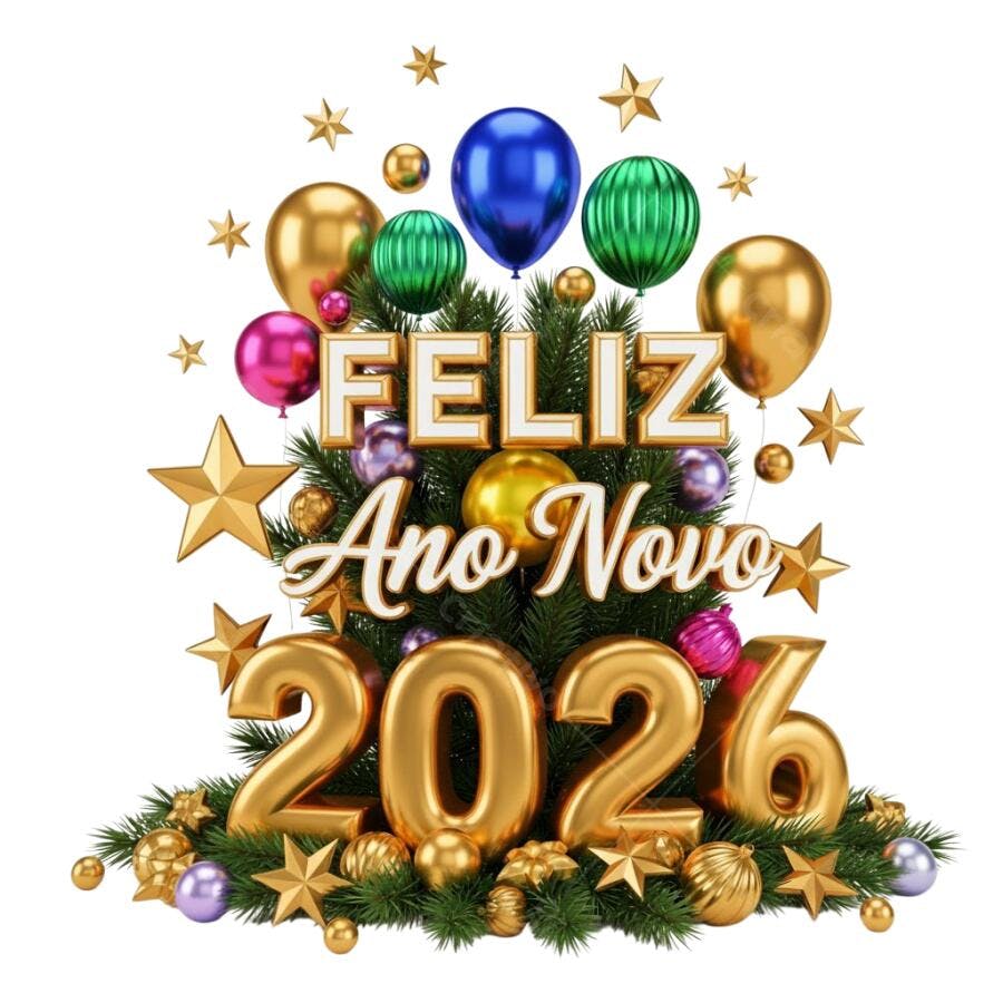 Ilustração Feliz Ano Novo 2026 com balões dourados e estrelas PNG com fundo transparente