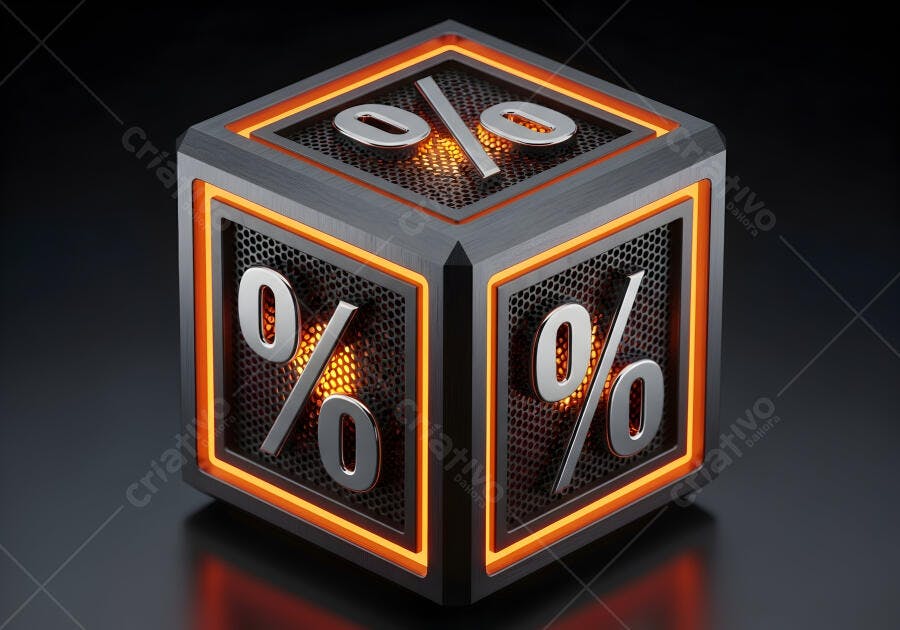 Cubo 3D metálico cinza com símbolo de porcentagem brilhante e luz laranja em grade