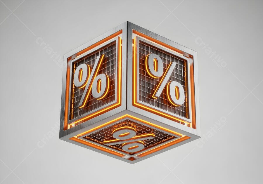 Cubo 3D com símbolo de percentual prata metálico e luz neon laranja em fundo branco