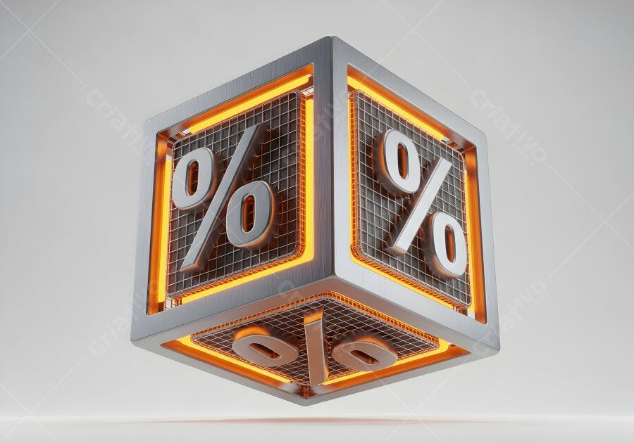 Cubo 3D metálico com símbolo de porcentagem e luz laranja neon