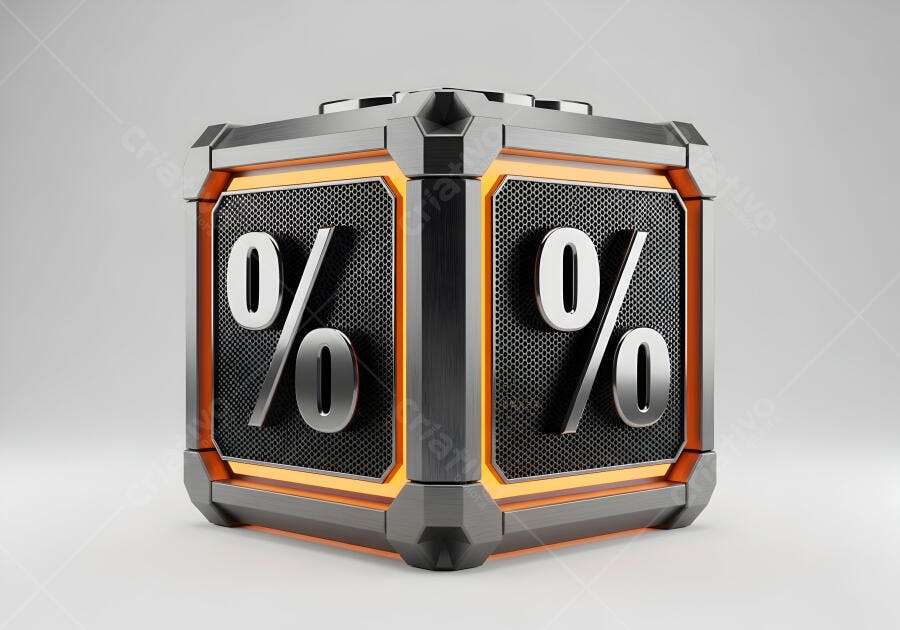 Cubo metálico 3D com símbolo de porcentagem e luz laranja em estúdio