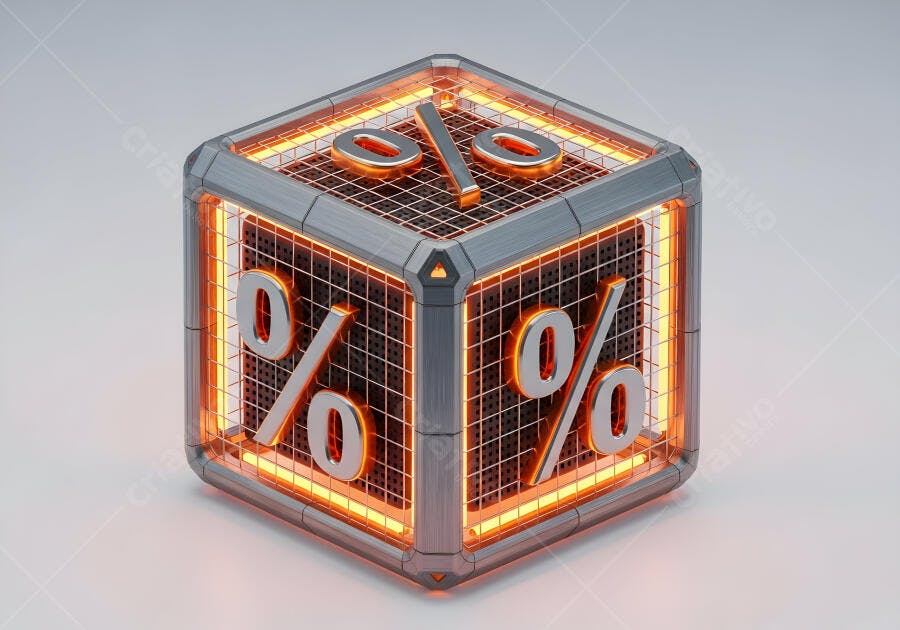 Cubo 3D de porcentagem metálico iluminado com luzes neon laranja