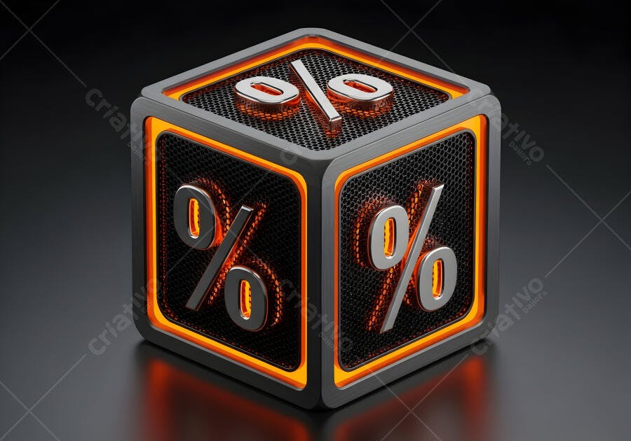 Cubo 3D com símbolo de porcentagem laranja e cinza para promoção digital