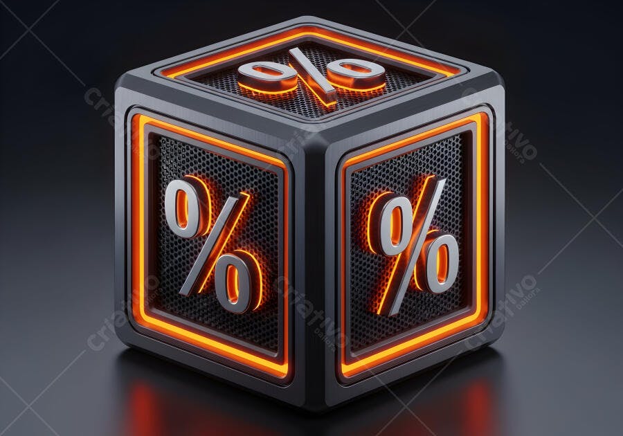 Cubo 3D metálico cinza com símbolo de porcentagem neon laranja