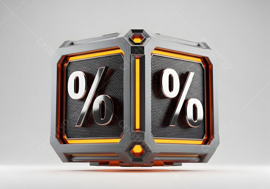 Símbolo de porcentagem em cubo metálico 3D com luz laranja