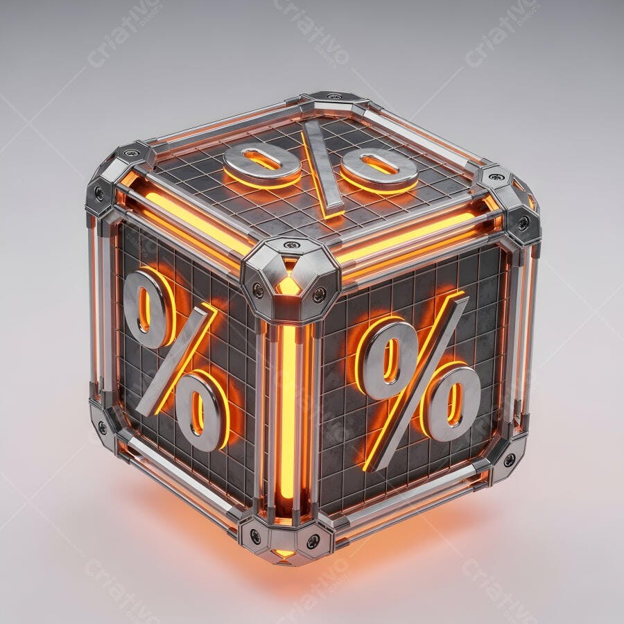 Cubo metálico futurista com símbolo de porcentagem e luz laranja neon