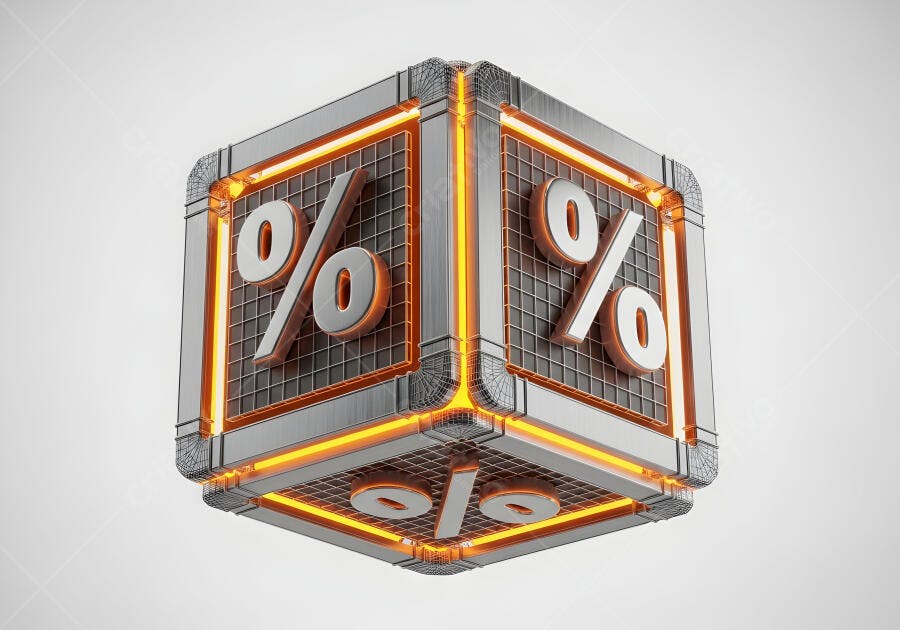 Cubo 3D metálico com símbolo de porcentagem e luz neon laranja brilhante
