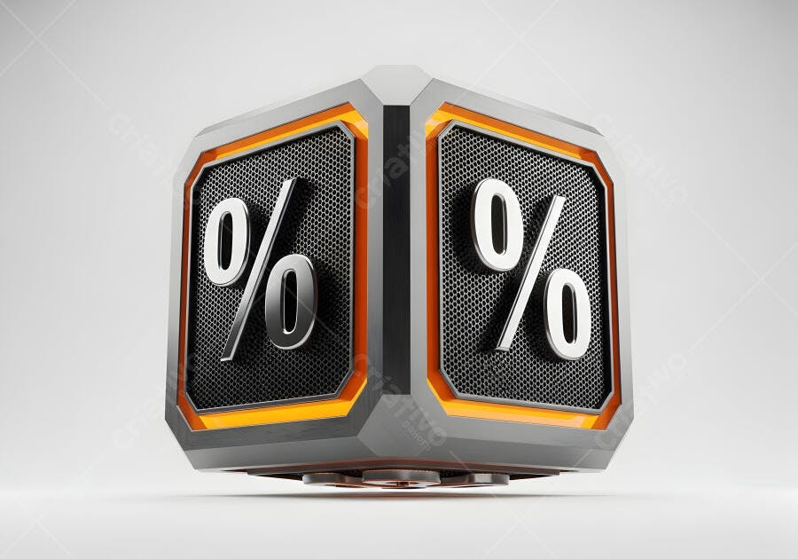 Símbolo de porcentagem 3D cinza metálico laranja em cubo futurista