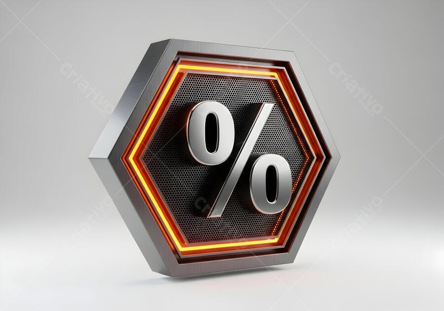 Símbolo de porcentagem 3D metálico com luz neon laranja para promoção
