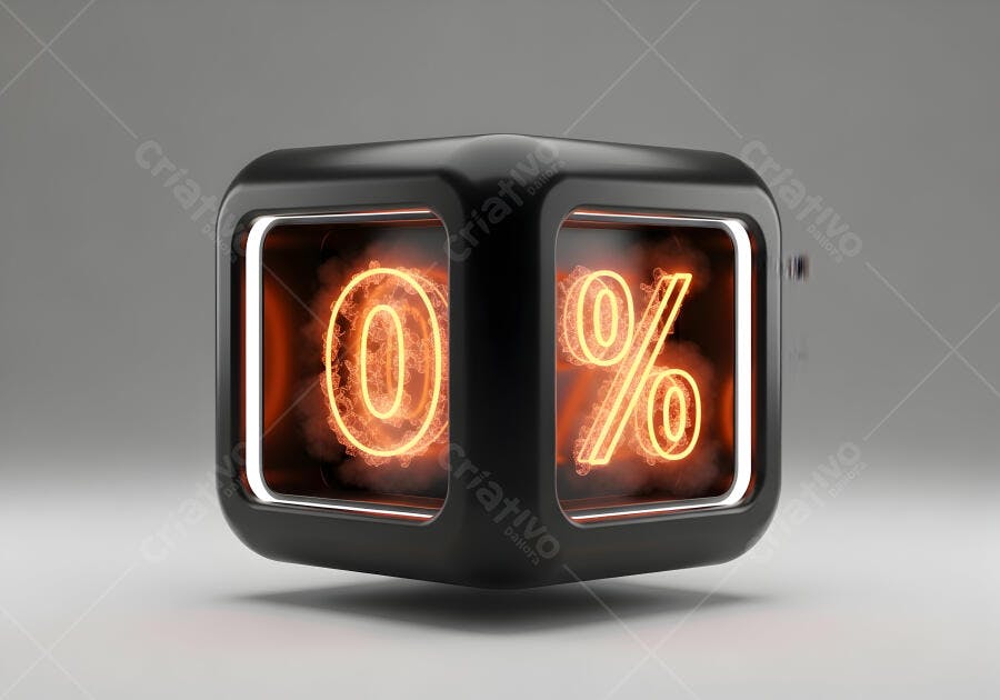 Cubo preto 3D com neon laranja 0 por cento flutuando