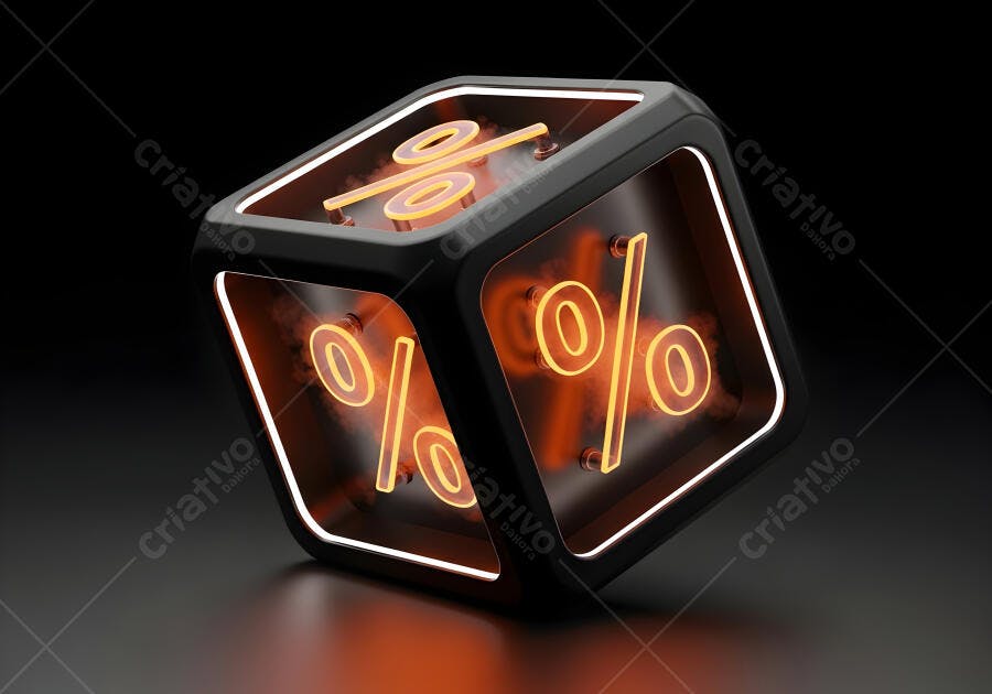 Cubo preto símbolo porcentagem neon laranja brilhante em fundo escuro