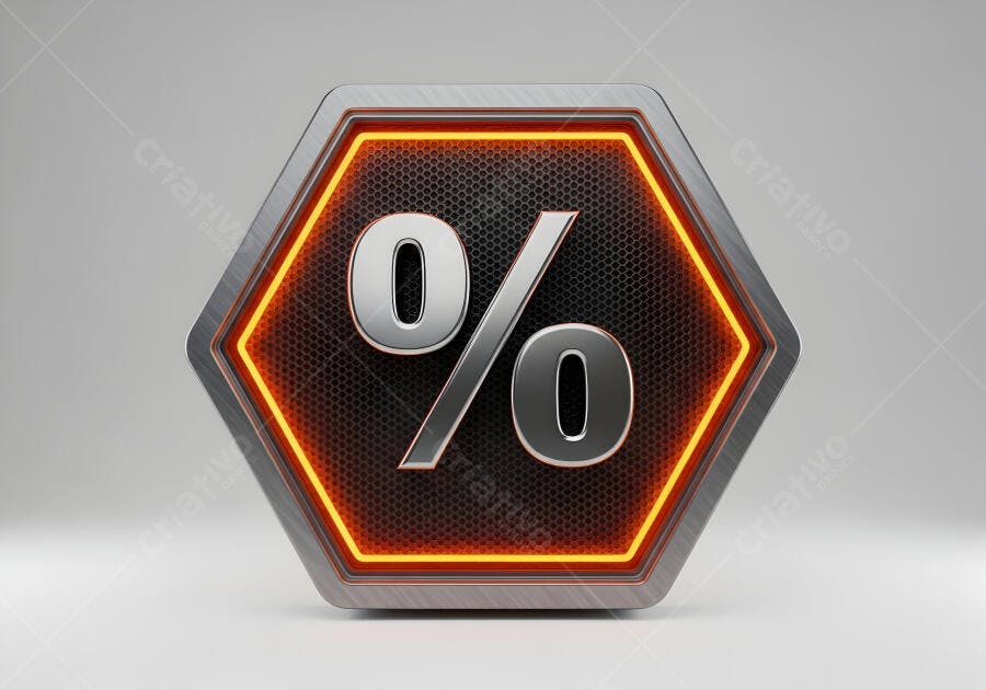 Símbolo de porcentagem 3D cinza em moldura hexagonal metálica com brilho laranja neon