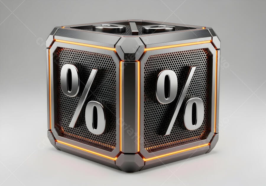 Símbolo de porcentagem 3D em cubo metálico com luz laranja design futurista