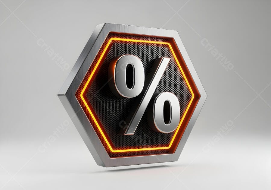 Símbolo de porcentagem hexagonal metálico com brilho laranja