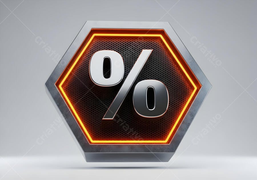 Símbolo de porcentagem metálico 3D em hexágono com luz laranja para promoções