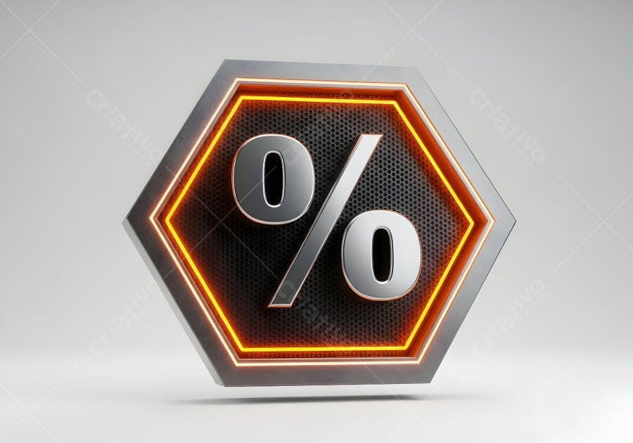 Símbolo de porcentagem 3D hexágono metálico brilho laranja promoção