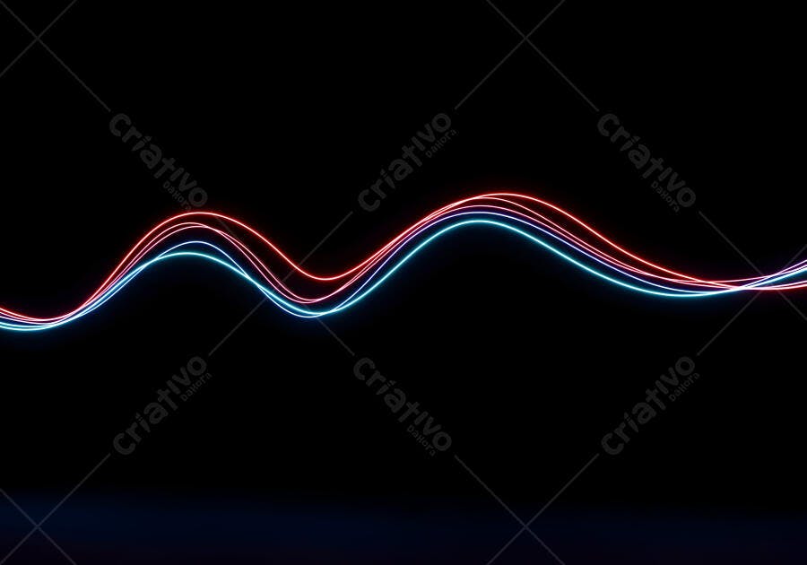 Linhas neon onduladas azuis e vermelhas em fundo preto escuro digital