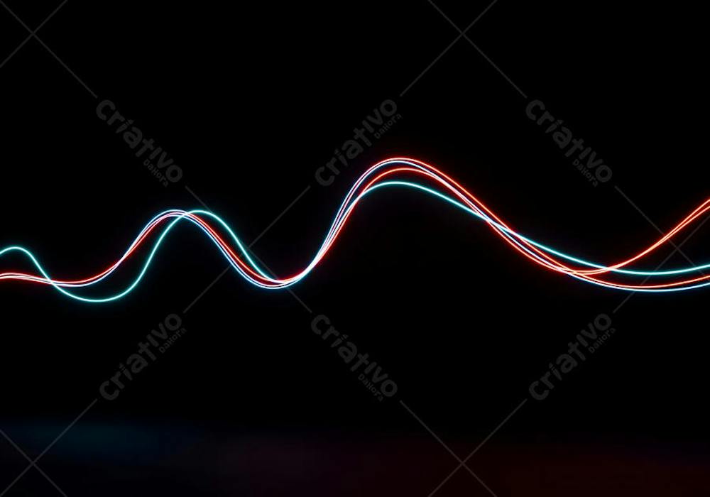 Vibrant red and blue neon light waves on dark abstract background ...