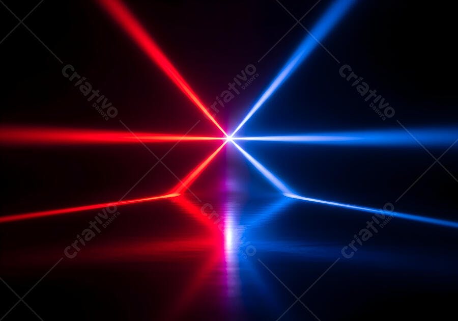 Linhas de luz neon vermelha e azul se cruzando no escuro