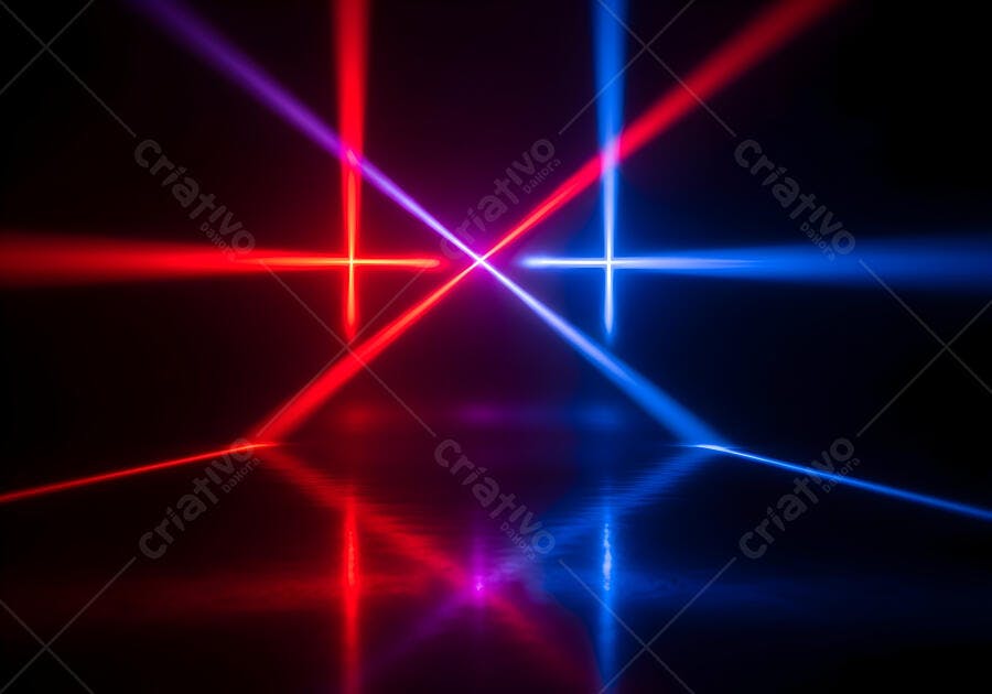 Luzes neon abstratas vermelhas e azuis cruzando em fundo escuro com reflexos