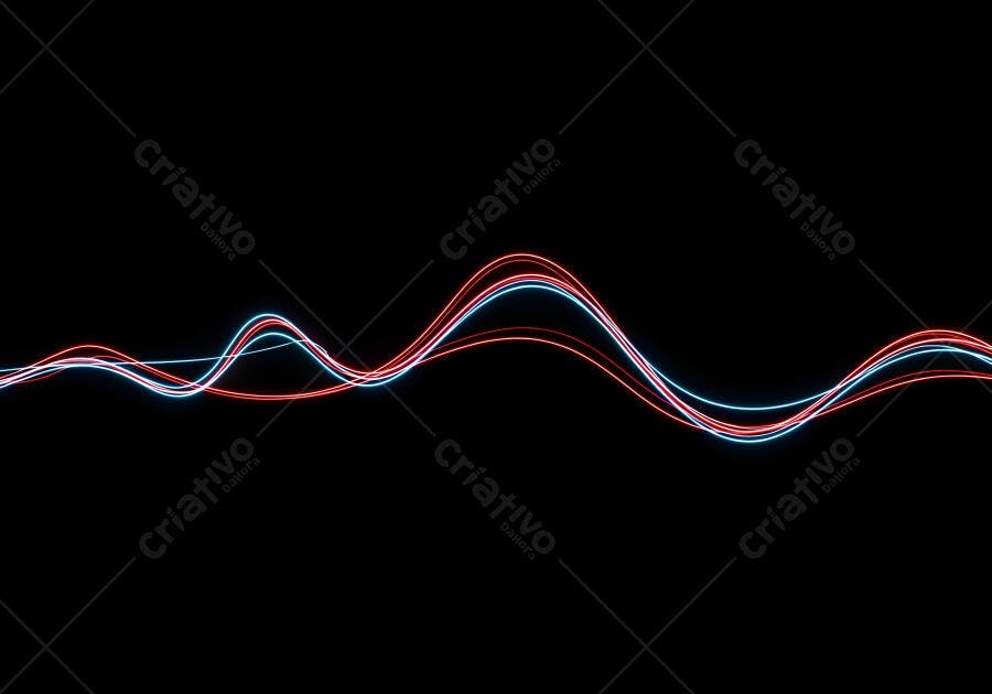 Linhas de luz neon onduladas azul e vermelho em fundo preto abstrato