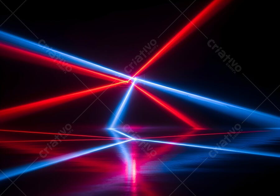 Raios de luz abstratos azul e vermelho em fundo escuro com reflexo