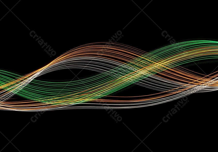 Fluxo de linhas abstratas verdes laranjas e brancas em fundo preto