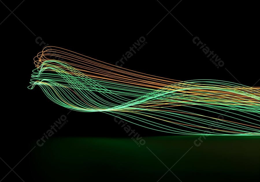 Linhas de luz neon verde e laranja em movimento abstrato