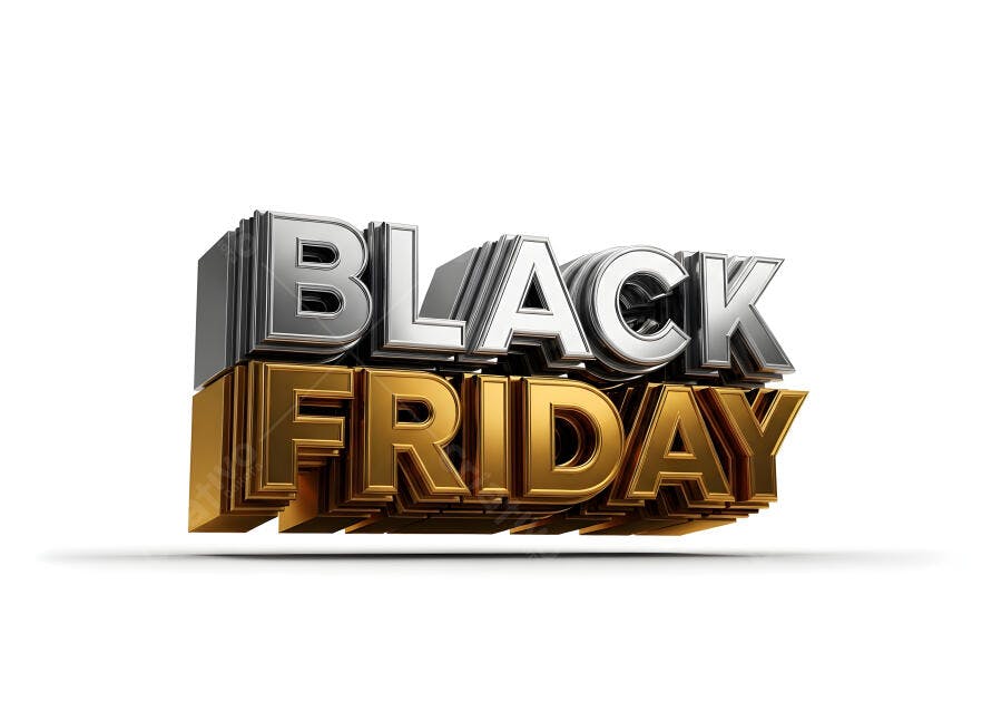 Black Friday texto 3D metálico dourado e prata em fundo branco promoção