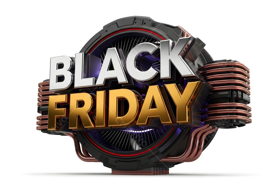 Black Friday 3D metálico com elementos tecnológicos